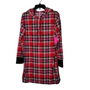 Betsey Johnson Plaid Velour Fleece Hoodie Lounger MEDIUM long sleeve Red NEW